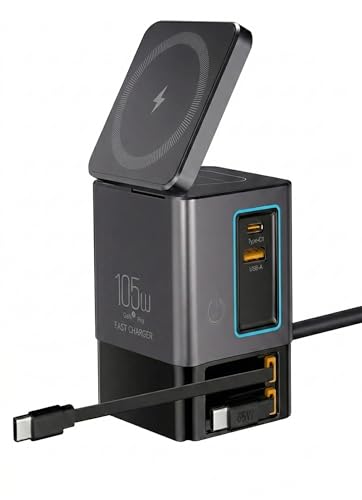 105W GaN Desktop Charging Station - 6 in 1 Fast Charger Block with Dual 65W Retractable Type C Cables, Magnetic Wireless Charging Stand for MacBook Pro/Air, iPhone17 16 15, iPad, Office Desk Organizer