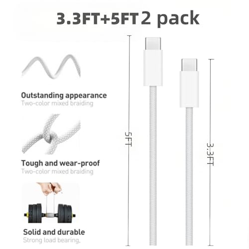 USB C to USB C Cable(2 Pack)，Type-C 60W Fast Charging Cable, Nylon Braided, for Home/Office/Travel, Compatible with iPhone 17/16/15, MacBook, Samsung, iPad, Laptop（3.3ft + 5ft）