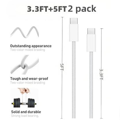 USB C to USB C Cable(2 Pack)，Type-C 60W Fast Charging Cable, Nylon Braided, for Home/Office/Travel, Compatible with iPhone 17/16/15, MacBook, Samsung, iPad, Laptop（3.3ft + 5ft）