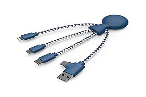 Xoopar Multi USB Cable 4 in 1 - Universal Charger Made from Recycled Plastic - USB, USB-C, Lighting, Micro USB Ports - Compatible with All Smartphones Mr Bio Blue Octopus - color: Blue