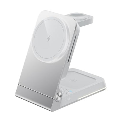 Aluminum 3 in 1 Wireless Charging Station,Foldable Wireless Charger for Apple Magsafe with Light,Portable Travel Magnetic Charger Stand for iPhone 17/16/15/14,Watch,Airpod,with PD 20W Adapter & Case - color: Silver