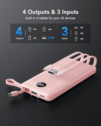 VRURC 22.5W 10000mAh Fast Charging Power Bank Built‑in 4 Cables - color: Pink