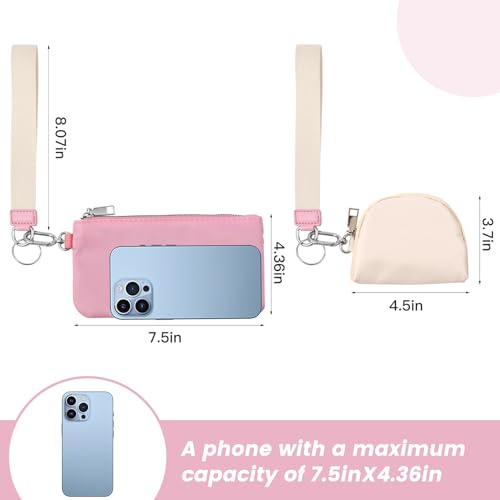 Mini Zip Around Wristlet Wallet, Dual Pouch Keychain Coin Purse for Women | Phone wallet design, detachable pouches, waterproof nylon, zipper closure, card holder, travel and daily essentials organizer - color: Pink+White