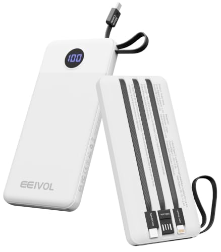 Portable Charger, Power Bank Built-in 4 Cables, Travel Essential - color: White