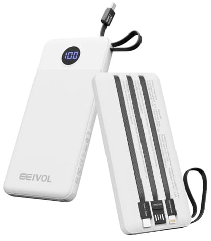Portable Charger, Power Bank Built-in 4 Cables, Travel Essential - color: White