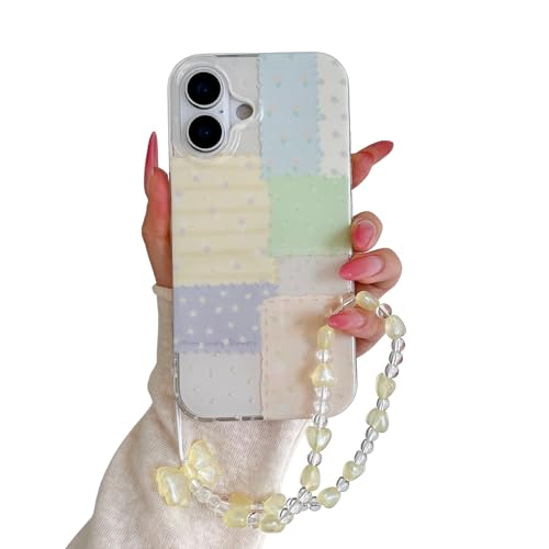 for iPhone 16 Case, Pastel Patchwork Phone Cover with Crystal Heart Beaded Strap & Bow Charm, Cute Kawaii Clear Protective Case for Women Girls(Lanyard+Phone case, iphone16) - size: iphone16