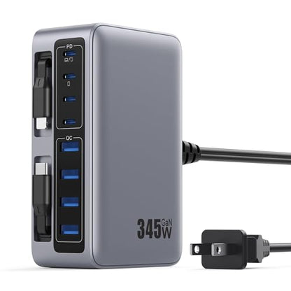 345W USB C Charger 10 in 1 Retractable Wall Charger with 2 Cables,GaN 6 USB C Charging Station Phone Charging PD Laptop Charger Adapter for MacBook Pro/Air,DELL,iPhone17/16/15,Galaxy S24,Android etc - color: Sliver, size: 345W