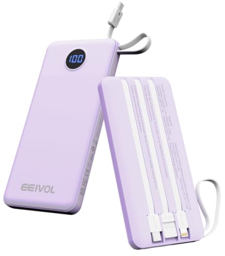 Portable Charger, 10000mAh Power Bank Built-in 4 Cables, Travel Essential - color: Lilac