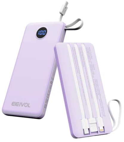 Portable Charger, 10000mAh Power Bank Built-in 4 Cables, Travel Essential - color: Lilac