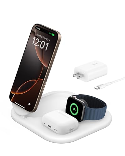 Belkin Qi2 Magnetic Wireless Charging Station, 3 in 1 Foldable Charger - color: White