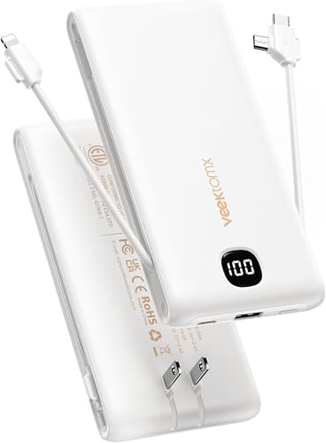 Portable Charger with Wall Plug and Built in Cables, VEEKTOMX 10000 Mah Power Bank, USB C Slim Battery Pack with LED Display Compatible with iPhone 18/17/16/15, Samsung