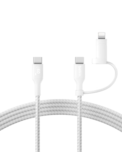 Belkin 2 in 1 USB C to USB C & Lightning Braided Cable 5ft Charger Cord - color: White