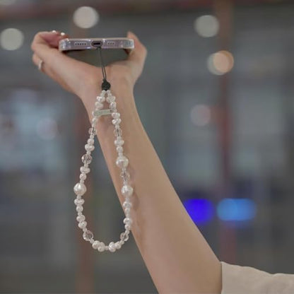 Elegant black bow beaded mobile phone charm -Stylish and lovely mobile wrist strap, cute accessories charm - Perfect for iPhone - style: pearl white