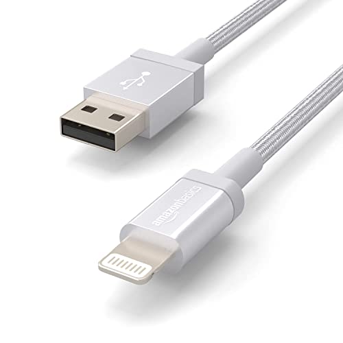 Amazon Basics USB-A to Lightning Charger Cable, Nylon Braided Cord, Apple MFi Certified for iPhone 14 13 12 11 X Xs Pro, Pro Max, Plus, iPad, High Speed Data Sync, 3 Foot, Silver - size: 3 ft