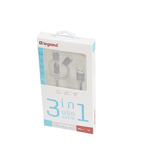 Legrand 3-in-1 Multi USB Cable, Lightning + USB-C + Micro-USB, 1.2m, 12W, Apple MFi-Certified, Silver, Compatible with iPhone, iPad, Samsung, Huawei