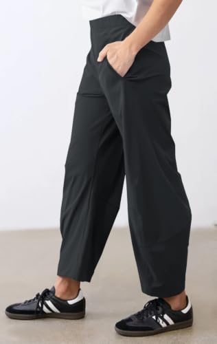 Womens Barrel Travel Pants Elastic Waist Baggy Ankle Pants with Pockets - color: Stretchy-black, size: X-Small