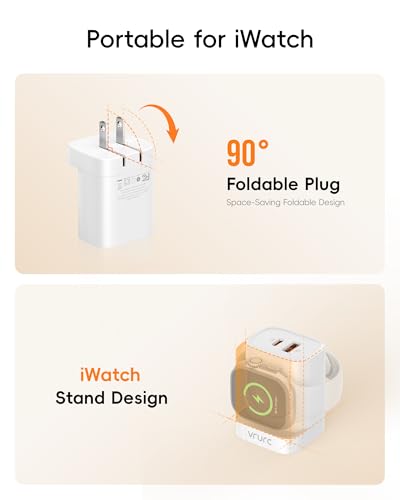 VRURC Fast Charger for Apple Watch, Built-in Wireless Magnetic Charging Station for iWatch SE/11/10/9/8/7/6/5/4, PD 20W USB C Charging Block, Foldable Wall Charger for iPhone 17/16/15/14/13-White - color: White