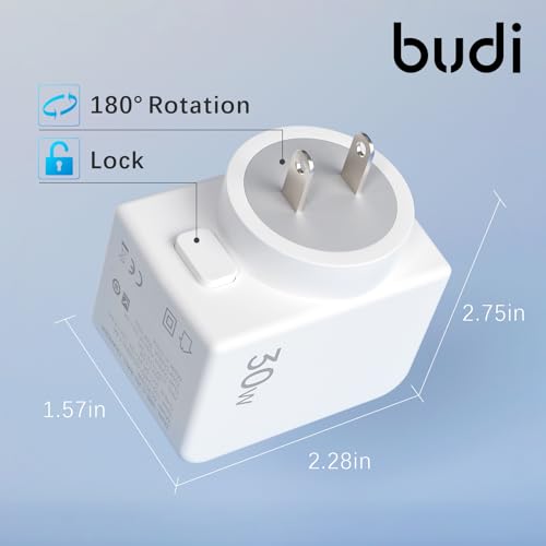 BUDI Wall Charger Plug Power Adapter with PD 30W USB-C Charger Block- 180° Rotating Plug USB Power AdapteCharging Adapter for iPhone15/15Plus/15Pro/15Pro Max,14/13/12 Series, Galaxy, Pixel 4/3, iPad