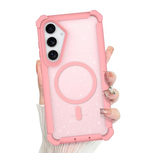 Bonoma for Samsung Galaxy S25 Case Bling Crystal Corner -Pink | Magnetic Compatible with Magsafe Sparkly Glitter Back Design and High-Duty Protection Shockproof Phone Cover for Girls Women - color: Pink-Corner Protection, size: Samsung Galaxy S25