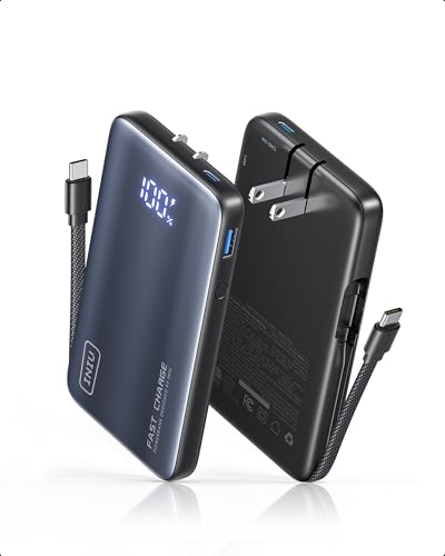 INIU 45W Fast Charging Portable Charger, 10000mAh with Built in Wall Plug | Slimmest, Built-in Wall Plug, USB-C Cable, GaN, Flight-Safe, 3 in 1 Power Bank for iPhone 17, Samsung, iPad etc - color: Black