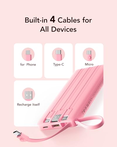 VRURC Portable Phone Charger, Built-in 4 Cables USB C Power Bank 10000mAh - color: Barbie Pink