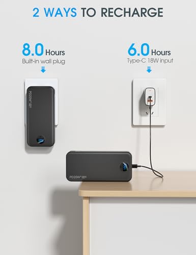 citicr Portable Charger 20000mAh PD20W w/Built-in Cables & Wall Plug Black - color: Ebony