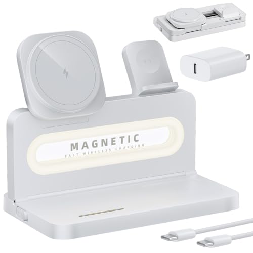 3 in 1 Wireless Charging Station for Apple MagSafe Charger,Magnetic Wireless Charger Stand for iPhone 16 15 14 13 12,Foldable Nightstand Charging Dock for Apple Devices iWatch,AirPods with Night Light - color: White