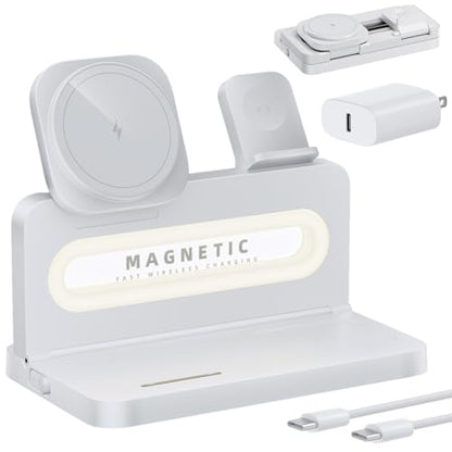 3 in 1 Wireless Charging Station for Apple MagSafe Charger,Magnetic Wireless Charger Stand for iPhone 16 15 14 13 12,Foldable Nightstand Charging Dock for Apple Devices iWatch,AirPods with Night Light - color: White