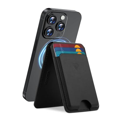 Genuine Leather MagSafe Wallet with Stand | RFID Blocking Magnetic Phone Wallet Card Holder for iPhone 17/16/15/14/12 | Ultra-Slim Minimalist Design | Stronger Magnetic Grip (BLACK) - color: BLACK