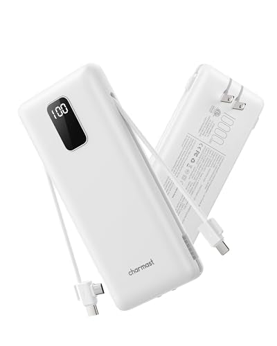 charmast 10000mAh Portable Charger with Built-in Cables and AC Wall Plug - color: Grey