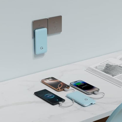 Portable Charger with Built-in Cables and AC Wall Plug, USB C External Battery Pack, 10000mAh Travel Essentials Power Bank Compatible with iPhone17/16/15/14/13, Samsung Galaxy, Pixel,Tablet and More - color: Light Blue