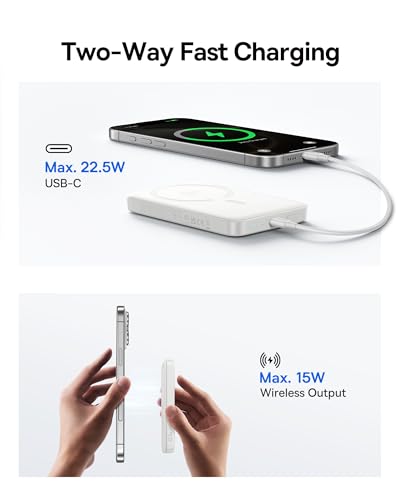 Baseus for MagSafe Portable Charger, Qi2 Certified 15W Wireless Magnetic Power Bank 10000mAh with USB-C Cable 22.5W PD Charging, Battery Pack Compatible with iPhone 17/16/15/14/13 Pro/Pro Max Series - color: White