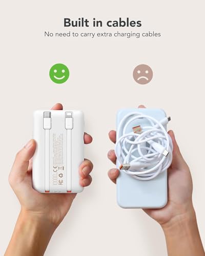Mini Portable Charger with Built-in Cables 20W Fast Charging Power Bank USB-C Small Battery Pack 10000mAh Travel Essential Slim Battery for iPhone 17/16/15/14, Samsung 25/24, and More - color: White