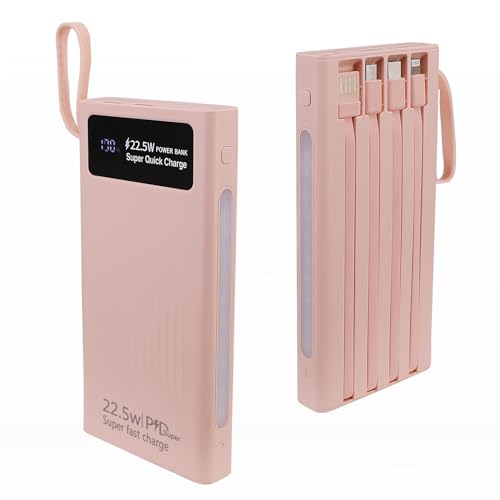 Portable Charger with Built in Cables,10000mAh Power Bank with LED Lamp Fast Charging 3.0 USB C External Battery Pack Phone Charger with LED Display for iPhone, Samsung and Cell Phones (Pink) - color: Pink