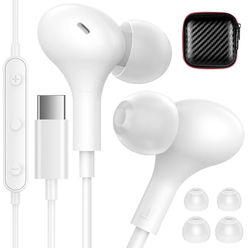USB C Headphones for Apple/iPhone Duo 18 17 16 15 Wired Earbuds with Case - color: White
