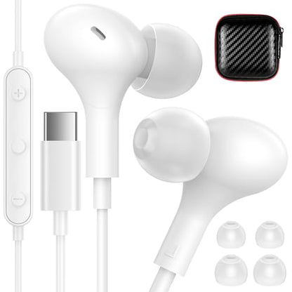 USB C Headphones for Apple/iPhone Duo 18 17 16 15 Wired Earbuds with Case - color: White
