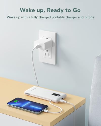 charmast Portable Charger Power Bank Built in Cables,10000mAh Battery Pack | with AC Wall Plug,LED Display & 5 Outputs,Travel Camping Essentials Slim External Phone Charger for iPhone,Samsung,Android - color: White