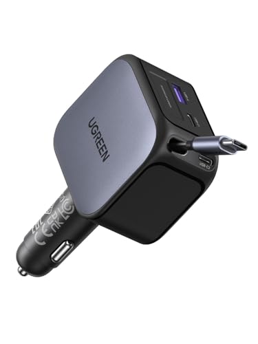 UGREEN 145W 4-Port Retractable Car Charger with 60W Retractable Cable