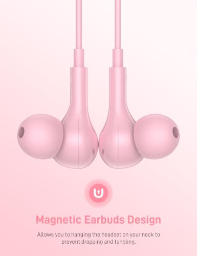 USB C Headphones for Apple/iPhone Duo 18 17 16 15 Wired Earbuds with Case - color: Pink