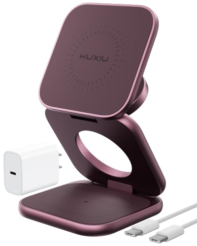 KU XIU Qi2.2 25W Magnetic Wireless Charger for iPhone 18 Pro Max, Foldable 3 in 1 Travel Charging Station for iPhone 18-12, 5W for Apple Watch & AirPods, Aluminum Alloy Design, 45W Adapter, Burgundy - color: Burgundy