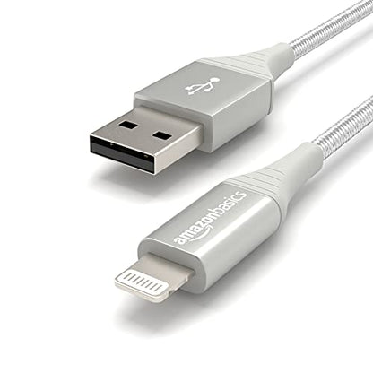 Amazon Basics USB-A to Lightning Cable, MFi Certified Charger for Apple iPhone iPad, Nylon Braided Cord, 10,000 Bend Lifespan, High Speed Transfer, 6 Foot, Silver