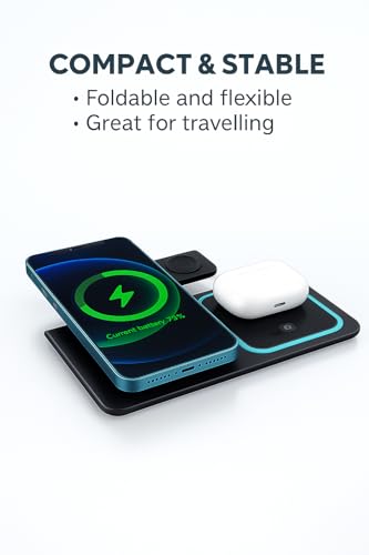 3-in-1 Wireless Charging Station for iPhone, Apple Watch & AirPods, Foldable Fast Wireless Charger Stand with Night Light, 15W Qi Charging Dock