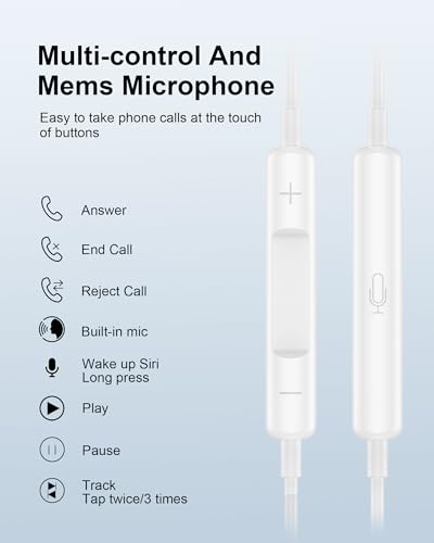 Wired Lightning Ear Buds for iPhone 14 13, Apple Pods Headphones Earphones - color: White