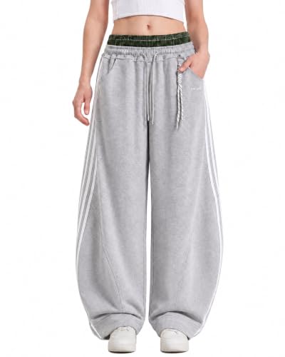 Women's Baggy Barrel Sweatpants, Double Waist Striped Wide Leg Pants - color: Grey, size: Large
