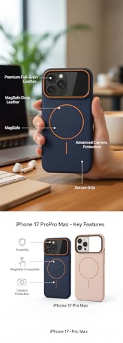 Premium Leather Magnetic Phone Case for iPhone 17 Pro & Pro Max, MagSafe Compatible, Wireless Charging, Slim Protective (Blue, iPhone 17 Pro Max) - color: Blue