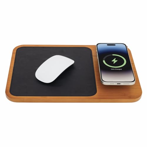 Oliver Gray Mousepad with Wireless Charger - 3-in-1 Wooden Wireless Charging Station & Phone Holder, Premium Vegan Leather Desk Charger Mat for iPhone, Android