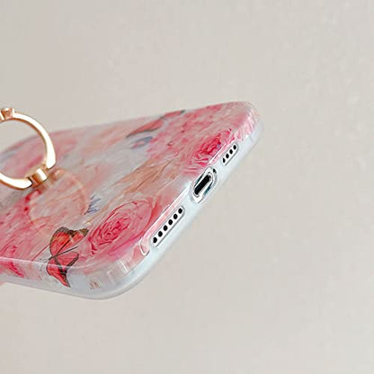 Qokey for iPhone 13/14 Case 6.1 inch,Flower Design Cute Clear for Women Girls with 360 Degree Rotating Ring Kickstand Soft TPU Shockproof Cover Rose Butterfly - color: Rose