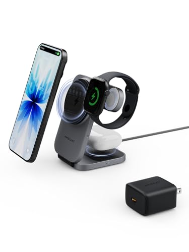 3-in-1 Fast Magnetic Wireless Charging Station for Apple: 15W Qi2-Certified Palm-Sized Foldable MagSafe Charger Stand for iPhone 17, Apple Watch, AirPods, Travel Portable with 30W Adapter& Travel Case