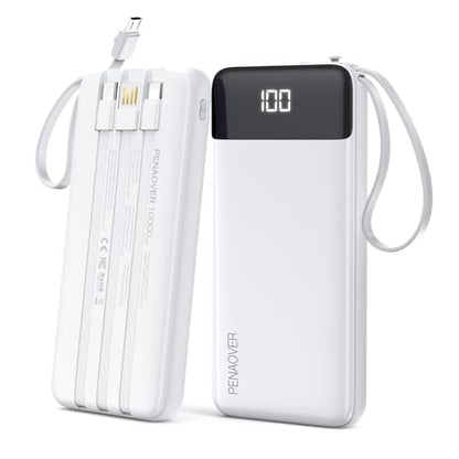 Portable Charger Built-in Cables,10000mAh Fast Charge Power Bank for iPhone - color: White