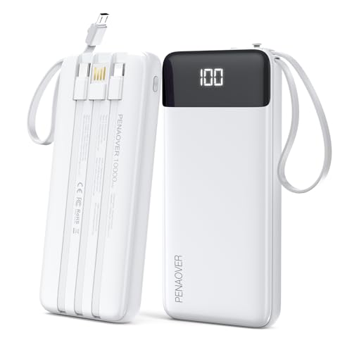 Portable Charger Built-in Cables,10000mAh Fast Charge Power Bank for iPhone - color: White
